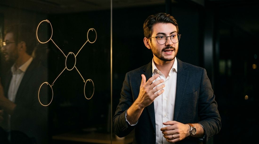 Victor Jangada explicando um diagrama em um quadro de vidro